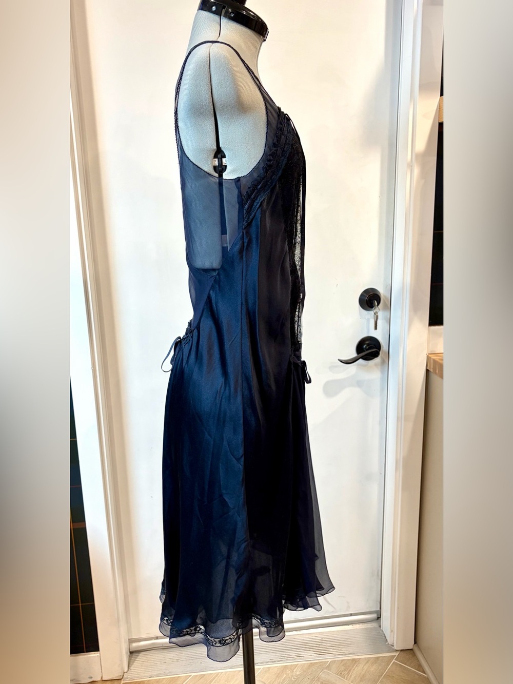 Vintage slip dress, 20’s style, silk satin&chiffon, lace details, navy,4, EUC - Picture 3 of 11